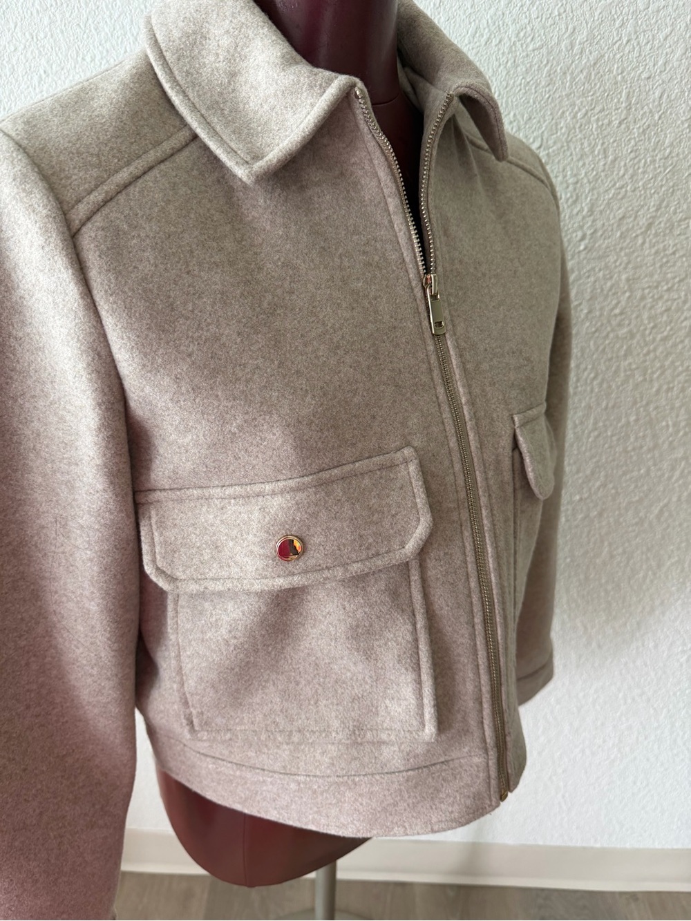 Zara Beige Wool Zip Jacket - Casual Crop Coat size Large - Picture 7 of 12